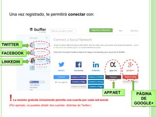 Una vez registrado, te permitirá conectar con:

TWITTER
FACEBOOK
LINKEDIN

!

APP.NET
La versión gratuita únicamente permite una cuenta por cada red social.

(Por ejemplo, no puedes añadir dos cuentas distintas de Twitter.)

PÁGINA
DE
GOOGLE+

 