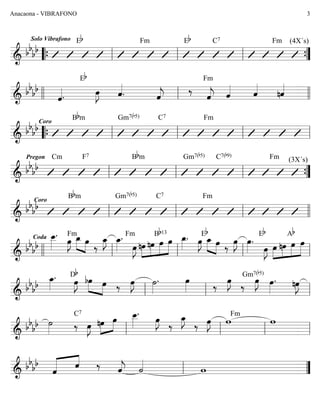 ========================&
bb
bb
Solo Vibrafono Eb Fm Eb C7 Fm (4X´s)
““{ ll ll ll ””{
========================&
bb
bb
ˆ««««.
Eb
œ»»»»
J ˆ««««
. ˆ««««
j
‰
ˆ««««
j
Fm
ˆ«««« ˆ««««
nˆ««««
llll ll llll
========================&
bb
bbCoro
Bbm Gm7(b5) C7 Fm
““{ ll ll ll ll
========================&
bb
bb
Pregon Cm F7 Bbm Gm7(b5) C7(b9) Fm (3X´s)
ll ll ll ””{
========================&
bb
bbCoro
Bbm Gm7(b5) C7 Fm
ll ll ll llll
========================&
bb
bb
œ__»»»»
.Coda Fm
œ»»»»
J »»»» »»»»
œ_ œ
‰
œ_»»»»
J œ_»»»»
. Fm
œ»»»»
J nœ»»»»
»»»»
»»»»
»»»»»
nœ
Bb13
œ œ œ_»»»»
. œ»»»»
J
Eb
œ_»»»» »»»»
œ ‰
œ»»»»
J œ»»»»
.
Eb
œ»»»»
J œ»»»»
»»»»
»»»»
»»»»»
nœ
Ab
œ œ
llll ll ll ll ll
========================&
bb
bb
œ_»»»»
. Db
œ»»»»
J bœ»»»» »»»»
œ ‰ œ»»»»
J ˙»»»»
. œ»»»» ‰
œ»»»»
J
‰
œ»»»»
J œ»»»»
.Gm7(b5)
nœ»»»»
J
ll ll ll
========================&
bb
bb ˙»»»»
C7
‰ œ»»»»
J nœ»»»»
»»»»
œ œ__»»»»
.
œ»»»»
J
‰
œ_»»»»
J
‰ œ»»»»
J w
Fm
w
ll ll ll ll
========================&
bb
bb
««««« ««««
ˆ
ˆ ‰ ˆ««««
j ˙««««
wll ””
Anacaona - VIBRAFONO 3
 