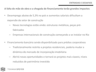 ENTRADAS E DESAFIOS

A falta de mão de obra e a chegada de financiamento terão grandes impactos

• Desemprego abaixo de 5,3% no país e aumentos salariais dificultam a
  expansão do setor de construção
    – Novas tecnologias estão vindo: estruturas metálicas, peças pré-
       fabricados
    – Empresas internacionais de construção começando a se instalar no Rio

• Financiamento bancário sendo disponibilizado para prédios corporativos
    – Tradicionalmente restrito a projetos residenciais, poderia mudar a
       dinâmica do mercado de incorporação imobiliária
    – Abrirá novas oportunidades e tornará os projetos mais viaveis; níveis
       reduzidos de patrimônio investido
 
