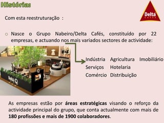 Com esta reestruturação :

o Nasce o Grupo Nabeiro/Delta Cafés, constituído por 22
  empresas, e actuando nos mais variados sectores de actividade:


                                  Indústria Agricultura Imobiliário
                                  Serviços Hotelaria
                                  Comércio Distribuição




 As empresas estão por áreas estratégicas visando o reforço da
 actividade principal do grupo, que conta actualmente com mais de
 180 profissões e mais de 1900 colaboradores.
 