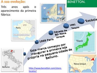 Três     anos  após    o
aparecimento da primeira
fábrica:
                               Escócia


          Paris




                                                      Tóquio




                                                    Nova Iorque
Belluno            http://www.benetton.com/store-
                   locator/
 