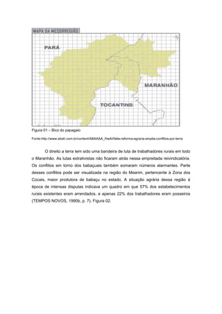 Figura 01 – Bico do papagaio 
Fonte:http://www.ebah.com.br/content/ABAAAA_HwAI/falta-reforma-agraria-amplia-conflitos-por-terra 
O direito a terra tem sido uma bandeira de luta de trabalhadores rurais em todo o Maranhão. As lutas extrativistas não ficaram atrás nessa empreitada reivindicatória. Os conflitos em torno dos babaçuais também somaram números alarmantes. Parte desses conflitos pode ser visualizada na região do Mearim, pertencente à Zona dos Cocais, maior produtora de babaçu no estado. A situação agrária dessa região à época de intensas disputas indicava um quadro em que 57% dos estabelecimentos rurais existentes eram arrendados, e apenas 22% dos trabalhadores eram posseiros (TEMPOS NOVOS, 1990b, p. 7). Figura 02. 
 