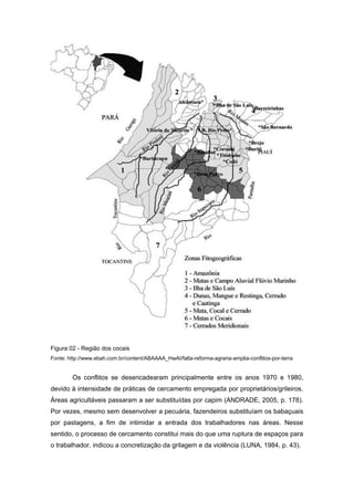 Figura 02 - Região dos cocais 
Fonte: http://www.ebah.com.br/content/ABAAAA_HwAI/falta-reforma-agraria-amplia-conflitos-por-terra 
Os conflitos se desencadearam principalmente entre os anos 1970 e 1980, devido à intensidade de práticas de cercamento empregada por proprietários/grileiros. Áreas agricultáveis passaram a ser substituídas por capim (ANDRADE, 2005, p. 178). Por vezes, mesmo sem desenvolver a pecuária, fazendeiros substituíam os babaçuais por pastagens, a fim de intimidar a entrada dos trabalhadores nas áreas. Nesse sentido, o processo de cercamento constitui mais do que uma ruptura de espaços para o trabalhador, indicou a concretização da grilagem e da violência (LUNA, 1984, p. 43).  