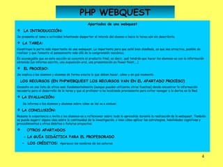 PHP WEBQUEST
                                                  Apartados de una webquest
 LA INTRODUCCIÓN:
Se presenta el tema o actividad intentando despertar el interés del alumno-a hacia la tarea aún sin describirla.

  LA TAREA:
Constituye la parte más importante de una webquest. Lo importante para que esté bien diseñada, es que sea atractiva, posible de
realizar y que fomente el pensamiento más allá de la comprensión mecánica.
Es aconsejable que en esta sección se concrete el producto final, es decir, qué tendrán que hacer los alumnos-as con la información
obtenida (un informe escrito, una exposición oral, una presentación en Power Point,...)

 EL PROCESO:
Se explica a los alumnos y alumnas de forma exacta lo que deben hacer, cómo y en qué momento.

  LOS RECURSOS (EN PHPWEBQUEST LOS RECURSOS VAN EN EL APARTADO PROCESO)
Consiste en una lista de sitios web fundamentalmente (aunque pueden utilizarse otras fuentes) donde encontrar la información
necesaria para el desarrollo de la tarea y que el profesor-a ha localizado previamente para evitar navegar a la deriva en la Red.

 LA EVALUACIÓN:
    Se informa a los alumnos y alumnas sobre cómo se les va a evaluar.

 LA CONCLUSIÓN:
Resume la experiencia e invita a los alumnos-as a reflexionar sobre todo lo aprendido durante la realización de la webquest. También
se puede sugerir alguna idea sobre la continuidad de la investigación, o bien cómo aplicar las estrategias, habilidades cognitivas y
procedimientos a otros ámbitos o futuros proyectos.

       OTROS APARTADOS
    - LA GUÍA DIDÁCTICA PARA EL PROFESORADO
    -   LOS CRÉDITOS: Aparecen los nombres de los autores


                                                                                                                                    4
 