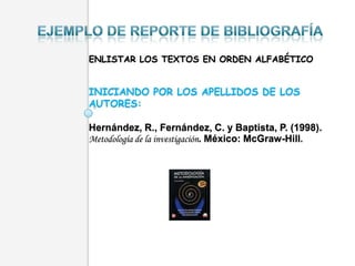 ENLISTAR LOS TEXTOS EN ORDEN ALFABÉTICO


INICIANDO POR LOS APELLIDOS DE LOS
AUTORES:

Hernández, R., Fernández, C. y Baptista, P. (1998).
Metodología de la investigación. México: McGraw-Hill.
 