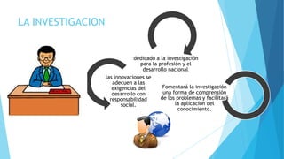 LA INVESTIGACION
dedicado a la investigación
para la profesión y el
desarrollo nacional.
las innovaciones se
adecuen a las
exigencias del
desarrollo con
responsabilidad
social.
Fomentará la investigación
una forma de comprensión
de los problemas y facilitará
la aplicación del
conocimiento.
 