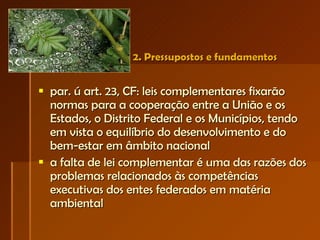 2. Pressupostos e fundamentos  par. ú art. 23, CF: leis complementares fixarão normas para a cooperação entre a União e os Estados, o Distrito Federal e os Municípios, tendo em vista o equilíbrio do desenvolvimento e do bem-estar em âmbito nacional a falta de lei complementar é uma das razões dos problemas relacionados às competências executivas dos entes federados em matéria ambiental 