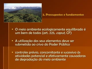 2. Pressupostos e fundamentos O meio ambiente ecologicamente equilibrado é  um bem de todos (art. 225,  caput , CF) A utilização dos seus elementos deve ser submetida ao crivo do Poder Público controles prévio, concomitante e sucessivo às atividades potencial e efetivamente causadoras de degradação do meio ambiente 