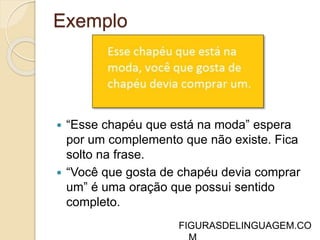 Exemplo 
 “Esse chapéu que está na moda” espera 
por um complemento que não existe. Fica 
solto na frase. 
 “Você que gosta de chapéu devia comprar 
um” é uma oração que possui sentido 
completo. 
 