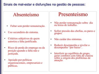 Sinais de mal-estar e disfunções na gestão de pessoas:
Absenteísmo
• Faltar sem perder remuneração.
• Uso secundário do sintoma.
• Critérios subjetivos de quem
autoriza a falta justificada.
• Risco de perda do emprego ou da
posição quando a falta não e
justiçada.
• Apoiado por políticas
organizacionais, empresariais e
públicas.
Presenteismo
• Não perder remuneração sobre dia
ou horas de trabalho.
• Sofrer pressão das chefias, os pares e
grupos.
• Não cuidar dos sintomas.
• Reduzir desempenho e nivelar o
desempenho “por baixo”.
• Interferir no equilíbrio do grupo,
gerar conflitos com falta de clareza
sobre a origem dos problemas de
atuação.
 