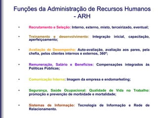 • Recrutamento e Seleção: Interno, externo, misto, terceirizado, eventual;
• Treinamento e desenvolvimento: Integração inicial, capacitação,
aperfeiçoamento;
• Avaliação de Desempenho: Auto-avaliação, avaliação aos pares, pela
chefia, pelos clientes internos e externos, 360º;
• Remuneração, Salário e Benefícios: Compensações integrados às
Políticas Públicas;
• Comunicação Interna: Imagem da empresa e endomarketing;
• Segurança, Saúde Ocupacional: Qualidade de Vida no Trabalho:
promoção e prevenção de morbidade e mortalidade;
• Sistemas de Informação: Tecnologia de Informação e Rede de
Relacionamento.
Funções da Administração de Recursos Humanos
- ARH
 
