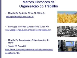 Marcos Históricos da
Organização do Trabalho
• Revolução Agrícola: África 12.000 a.C.
www.planetaorganico.com.br
• Revolução Industrial: Europa século XVIII e XIX
www.vestigios.hpg.ig.com.br/revolucaoindustrial.htm
• Revolução Tecnológica: Ásia e América do
Norte
– Século 20 Anos 60
http://www.comciencia.br/resenhas/bioinformatica/
socialismo.htm
 