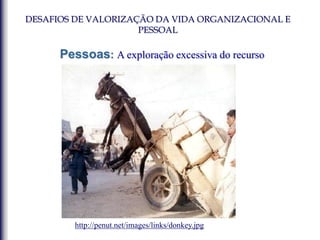 Pessoas: A exploração excessiva do recurso
http://penut.net/images/links/donkey.jpg
DESAFIOS DE VALORIZAÇÃO DA VIDA ORGANIZACIONAL E
PESSOAL
 