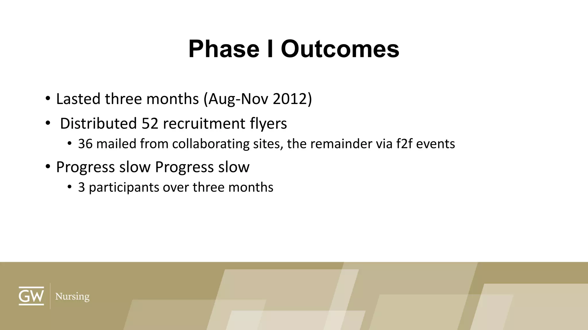 Phase I Outcomes
• Lasted three months (Aug-Nov 2012)
• Distributed 52 recruitment flyers
• 36 mailed from collaborating sites, the remainder via f2f events
• Progress slow Progress slow
• 3 participants over three months
 