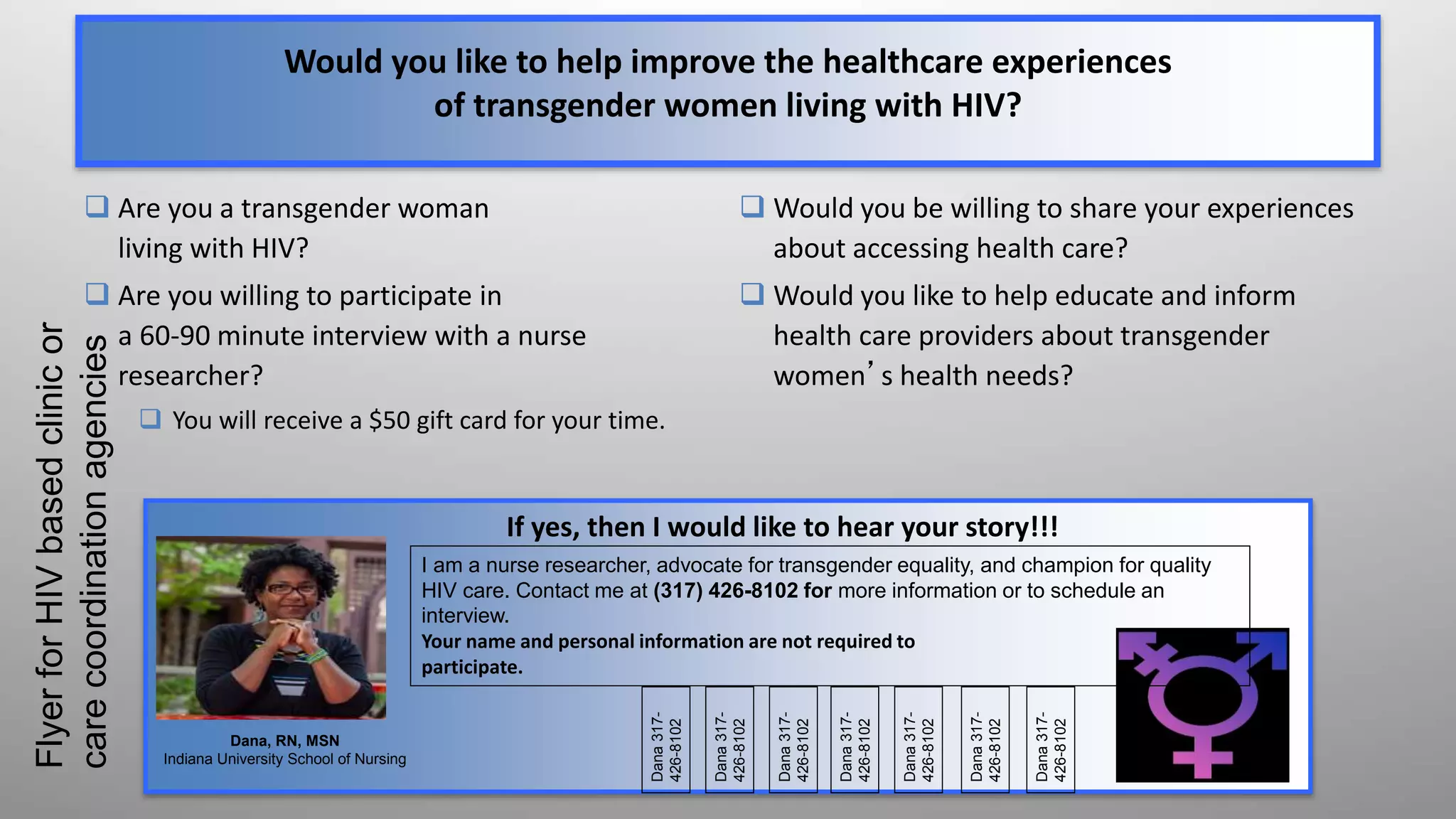 Would you like to help improve the healthcare experiences
of transgender women living with HIV?
 Would you be willing to share your experiences
about accessing health care?
 Would you like to help educate and inform
health care providers about transgender
women’s health needs?
 Are you a transgender woman
living with HIV?
 Are you willing to participate in
a 60-90 minute interview with a nurse
researcher?
 You will receive a $50 gift card for your time.
If yes, then I would like to hear your story!!!
Dana, RN, MSN
Indiana University School of Nursing
I am a nurse researcher, advocate for transgender equality, and champion for quality
HIV care. Contact me at (317) 426-8102 for more information or to schedule an
interview.
Your name and personal information are not required to
participate.
Dana317-
426-8102
FlyerforHIVbasedclinicor
carecoordinationagencies
Dana317-
426-8102
Dana317-
426-8102
Dana317-
426-8102
Dana317-
426-8102
Dana317-
426-8102
Dana317-
426-8102
 