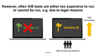 5
However, often A/B tests are either too expensive to run
or cannot be run, e.g. due to legal reasons
15%
Conversion
100% of visitors see Version B
Version B
Version A
 