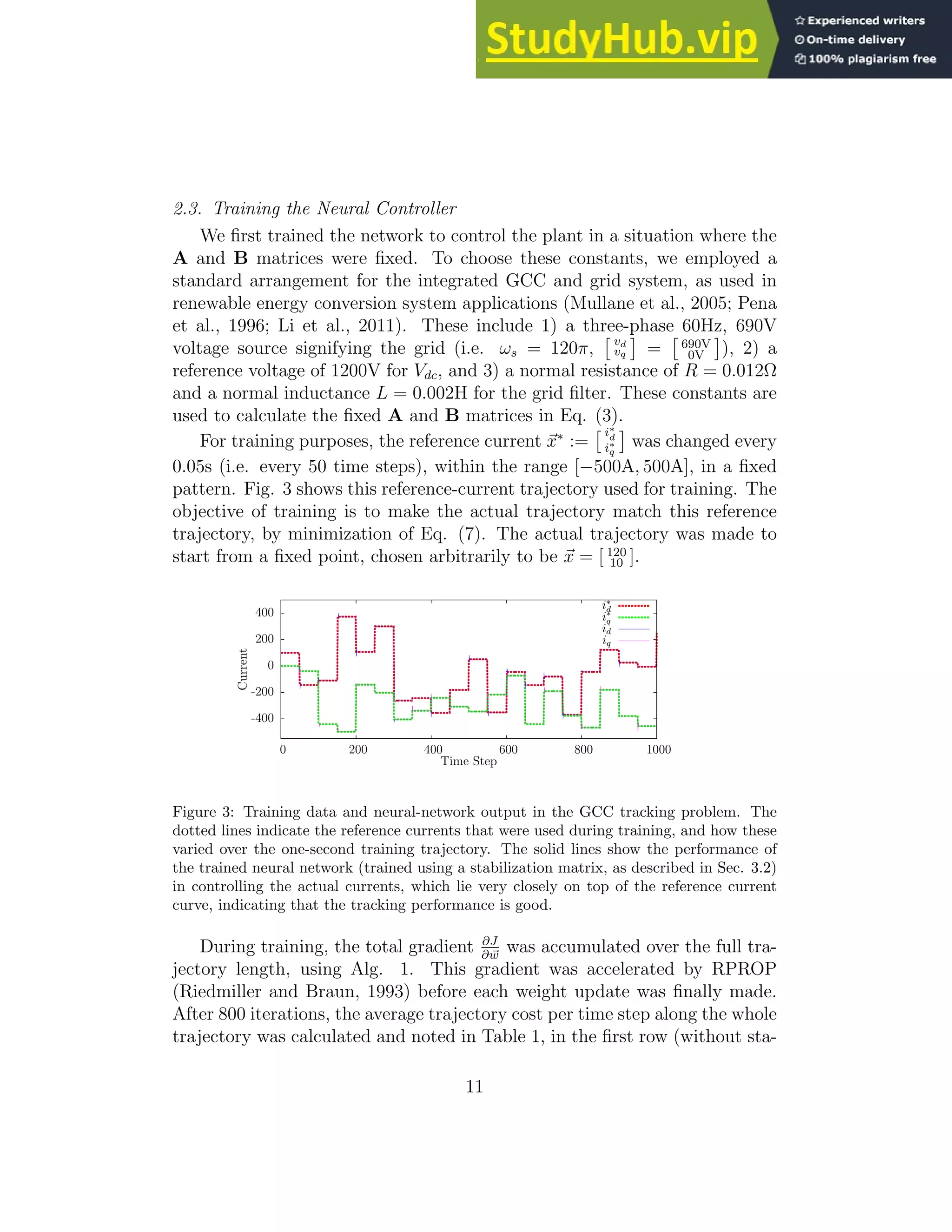 2.3. Training the Neural Controller We first trained the network to control the plant in a situation where the A and B matrices were fixed. To choose these constants, we employed a standard arrangement for the integrated GCC and grid system, as used in renewable energy conversion system applications (Mullane et al., 2005; Pena et al., 1996; Li et al., 2011). These include 1) a three-phase 60Hz, 690V voltage source signifying the grid (i.e. ωs = 120π, vd vq = 690V 0V ), 2) a reference voltage of 1200V for Vdc, and 3) a normal resistance of R = 0.012Ω and a normal inductance L = 0.002H for the grid filter. These constants are used to calculate the fixed A and B matrices in Eq. (3). For training purposes, the reference current ~ x∗ := i∗ d i∗ q was changed every 0.05s (i.e. every 50 time steps), within the range [−500A, 500A], in a fixed pattern. Fig. 3 shows this reference-current trajectory used for training. The objective of training is to make the actual trajectory match this reference trajectory, by minimization of Eq. (7). The actual trajectory was made to start from a fixed point, chosen arbitrarily to be ~ x = [ 120 10 ]. -400 -200 0 200 400 0 200 400 600 800 1000 Current Time Step i∗ d i∗ q id iq Figure 3: Training data and neural-network output in the GCC tracking problem. The dotted lines indicate the reference currents that were used during training, and how these varied over the one-second training trajectory. The solid lines show the performance of the trained neural network (trained using a stabilization matrix, as described in Sec. 3.2) in controlling the actual currents, which lie very closely on top of the reference current curve, indicating that the tracking performance is good. During training, the total gradient ∂J ∂ ~ w was accumulated over the full tra- jectory length, using Alg. 1. This gradient was accelerated by RPROP (Riedmiller and Braun, 1993) before each weight update was finally made. After 800 iterations, the average trajectory cost per time step along the whole trajectory was calculated and noted in Table 1, in the first row (without sta- 11 