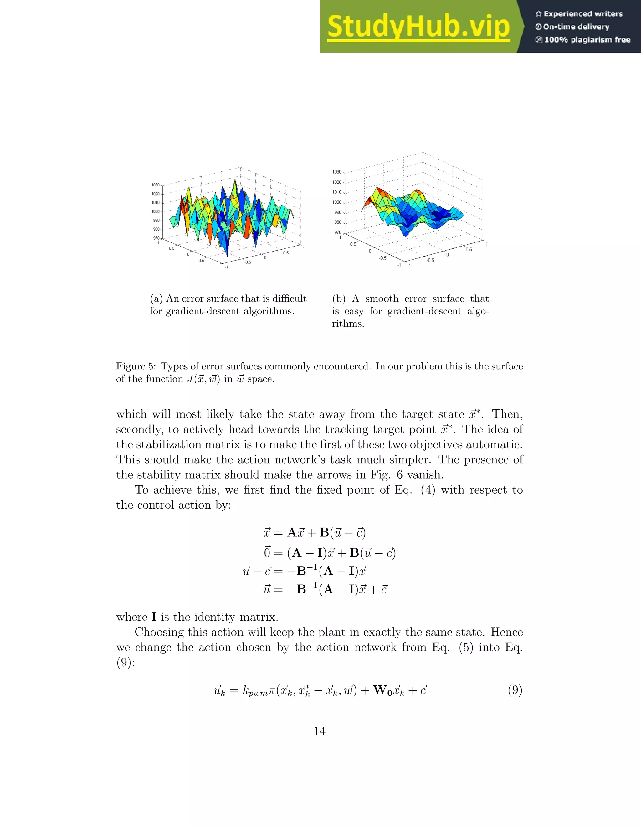 (a) An error surface that is difficult for gradient-descent algorithms. (b) A smooth error surface that is easy for gradient-descent algo- rithms. Figure 5: Types of error surfaces commonly encountered. In our problem this is the surface of the function J(~ x, ~ w) in ~ w space. which will most likely take the state away from the target state ~ x∗ . Then, secondly, to actively head towards the tracking target point ~ x∗ . The idea of the stabilization matrix is to make the first of these two objectives automatic. This should make the action network’s task much simpler. The presence of the stability matrix should make the arrows in Fig. 6 vanish. To achieve this, we first find the fixed point of Eq. (4) with respect to the control action by: ~ x = A~ x + B(~ u − ~ c) ~ 0 = (A − I)~ x + B(~ u − ~ c) ~ u − ~ c = −B−1 (A − I)~ x ~ u = −B−1 (A − I)~ x + ~ c where I is the identity matrix. Choosing this action will keep the plant in exactly the same state. Hence we change the action chosen by the action network from Eq. (5) into Eq. (9): ~ uk = kpwmπ(~ xk, ~ x∗ k − ~ xk, ~ w) + W0~ xk + ~ c (9) 14 