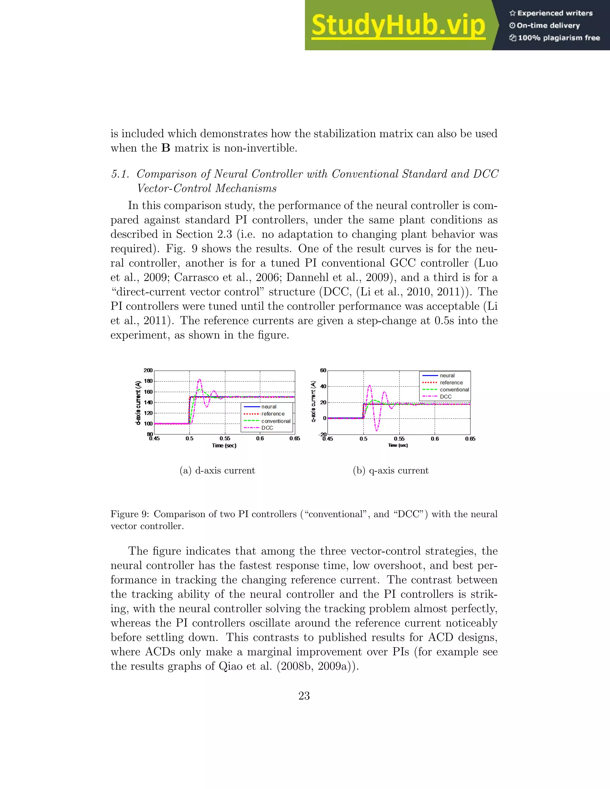 is included which demonstrates how the stabilization matrix can also be used when the B matrix is non-invertible. 5.1. Comparison of Neural Controller with Conventional Standard and DCC Vector-Control Mechanisms In this comparison study, the performance of the neural controller is com- pared against standard PI controllers, under the same plant conditions as described in Section 2.3 (i.e. no adaptation to changing plant behavior was required). Fig. 9 shows the results. One of the result curves is for the neu- ral controller, another is for a tuned PI conventional GCC controller (Luo et al., 2009; Carrasco et al., 2006; Dannehl et al., 2009), and a third is for a “direct-current vector control” structure (DCC, (Li et al., 2010, 2011)). The PI controllers were tuned until the controller performance was acceptable (Li et al., 2011). The reference currents are given a step-change at 0.5s into the experiment, as shown in the figure. (a) d-axis current (b) q-axis current Figure 9: Comparison of two PI controllers (“conventional”, and “DCC”) with the neural vector controller. The figure indicates that among the three vector-control strategies, the neural controller has the fastest response time, low overshoot, and best per- formance in tracking the changing reference current. The contrast between the tracking ability of the neural controller and the PI controllers is strik- ing, with the neural controller solving the tracking problem almost perfectly, whereas the PI controllers oscillate around the reference current noticeably before settling down. This contrasts to published results for ACD designs, where ACDs only make a marginal improvement over PIs (for example see the results graphs of Qiao et al. (2008b, 2009a)). 23 