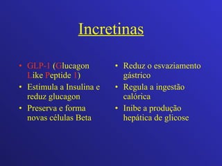 Incretinas GLP-1  ( G lucagon  L ike  P eptide  1 ) Estimula a Insulina e reduz glucagon Preserva e forma novas células Beta Reduz o esvaziamento gástrico Regula a ingestão calórica Inibe a produção hepática de glicose 