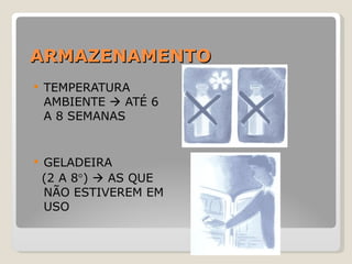 ARMAZENAMENTO TEMPERATURA AMBIENTE    ATÉ 6 A 8 SEMANAS GELADEIRA  (2 A 8  )    AS QUE NÃO ESTIVEREM EM USO 