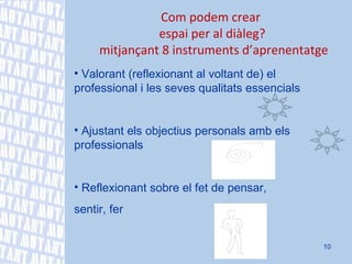 Com podem crear  espai per al diàleg? mitjançant 8 instruments d’aprenentatge Valorant (reflexionant al voltant de) el professional i les seves qualitats essencials Ajustant els objectius personals amb els professionals  Reflexionant sobre el fet de pensar,  sentir, fer    