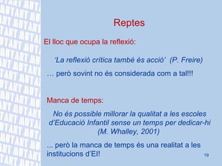 Reptes El lloc que ocupa la reflexió: ‘ La reflexió crítica també és acció’  (P. Freire)  …  però sovint no és considerada com a tal!!! Manca de temps:  No és possible millorar la qualitat a les escoles d’Educació Infantil sense un temps per dedicar-hi (M. Whalley, 2001)  ... però la manca de temps és una realitat a les institucions d’EI! 