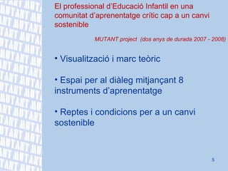 El professional d’Educació Infantil en una comunitat d’aprenentatge crític cap a un canvi sostenible MUTANT project  (dos anys de durada 2007 - 2008) Visualització i marc teòric Espai per al diàleg mitjançant 8 instruments d’aprenentatge Reptes i condicions per a un canvi sostenible 