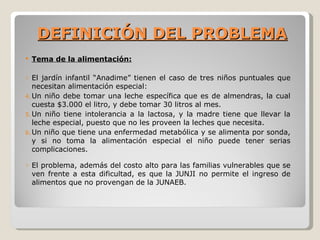 DEFINICIÓN DEL PROBLEMA
   Tema de la alimentación:

o  El jardín infantil “Anadime” tienen el caso de tres niños puntuales que
   necesitan alimentación especial:
4. Un niño debe tomar una leche específica que es de almendras, la cual
   cuesta $3.000 el litro, y debe tomar 30 litros al mes.
5. Un niño tiene intolerancia a la lactosa, y la madre tiene que llevar la
   leche especial, puesto que no les proveen la leches que necesita.
6. Un niño que tiene una enfermedad metabólica y se alimenta por sonda,
   y si no toma la alimentación especial el niño puede tener serias
   complicaciones.

o   El problema, además del costo alto para las familias vulnerables que se
    ven frente a esta dificultad, es que la JUNJI no permite el ingreso de
    alimentos que no provengan de la JUNAEB.
 