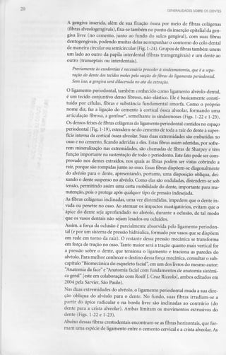 GENERALIDADES SOBRE OS DENTES
A gengiva inserida, além de sua fixação óssea por meio de fibras colágenas
(fibras alveologengivais),fixa-setambém no ponto da inserção epitelial da gen-
giva livre (no cemento, junto ao fundo do sulco gengival), com suas fibras
dentogengivais, podendo muitas delas acompanhar o contorno do colo dental
de maneira circular ou semicircular (Fig. 1-24). Grupos de fibras também unem
um lado ao outro da papila interdental (fibras transgengivais) e um dente ao
outro (transeptais ou interdentais).
Previamente às exodontias é necessário proceder à sindesmotomia, que é a sepa-
ração do dente dos tecidos moles pela secção de fibras do ligamento periodontal.
Sem isso, a gengiva será dilacerada no ato da extração.
O ligamento periodontal, também conhecido como ligamento alvéolo-dental,
é um tecido conjuntivo denso fibroso, não-elástico. Ele é basicamente consti-
tuído por células, fibras e substância fundamental amorfa. Como o próprio
nome diz, faz a ligação do cemento à cortical óssea alveolar, formando uma
articulação fibrosa, a gonfose*, semelhante às sindesmoses (Figs. 1-22 e 1-23).
Os densos feixes de fibras colágenas do ligamento periodontal contidos no espaço
periodontal (Fig. 1-19), estendem-se do cemento de toda a raiz do dente à super-
fície interna da cortical óssea alveolar. Suas duas extremidades são embutidas no
osso e no cemento, ficando aderidas a eles. Estas fibras assim aderidas, por sofre-
rem mineralização nas extremidades, são chamadas de fibras de Sharpey e têm
função importante na sustentação de todo o periodonto. Este fato pode ser com-
provado nos dentes extraídos, nos quais as fibras podem ser vistas cobrindo a
raiz, porque são rompidas junto ao osso. Essas fibras dispõem-se diagonalmente
do alvéolo para o dente, apresentando, portanto, uma disposição oblíqua, dei-
xando o dente suspenso no alvéolo. Como elas são onduladas, distendem-se sob
tensão, permitindo assim uma certa mobilidade do dente, importante para ma-
nutenção, pois o protege após qualquer tipo de pressão indesejada.
'As fibras colágenas inclinadas, uma vez distendidas, impedem que o dente in-
vada ou penetre no osso. Ao atenuar os impactos mastigatórios, evitam que o
ápice do dente seja aprofundado no alvéolo, durante a oclusão, de tal modo
que os vasos dentais não sejam lesados ou ocluídos.
Assim, a força da oclusão é parcialmente absorvida pelo ligamento periodon-
tal (e por um sistema de pressão hidráulica, formado por vasos que se dispõem
em rede em torno da raiz). O restante dessa pressão mecânica se transforma
em força de tração no osso. Tanto maior será a tração quanto mais vertical for
a pressão sobre o dente, que tensiona o ligamento e traciona as paredes do
alvéolo. Para melhor conhecer o destino dessa força mecânica, consultar o sub-
capítulo "Biomecânica do esqueleto facial", em um dos livros do mesmo autor:
"Anatomia da face" e "Anatomia facial com fundamentos de anatomia sistémi-
ca geral" [este em colaboração com Roelf J.Cruz Rizzolo], ambos editados em
2004 pela Sarvier, São Paulo).
Nas duas extremidades do alvéolo, o ligamento periodontal muda a sua dire-
ção oblíqua do alvéolo para o dente. No fundo, suas fibras irradiam-se a
partir do ápice radicular e na borda livre são inclinadas ao contrário (do
dente para a crista alveolar). Ambas limitam os movimentos extrusivos do
dente ÍFigs. 1-22 e 1-23).
Abaixo dessas fibras crestodentais encontram-se as fibras horizontais, que for-
mam uma espéciede ligamento entre o cemento cervical e a crista alveolar.As
 