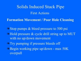 Solids Induced Stuck Pipe Stop pumps & bleed pressure to 500 psi Hold pressure & cycle drill string up to MUT with no up/down movement Try pumping if pressure bleeds off Begin working pipe up/down - max 50K overpull Formation Movement / Poor Hole Cleaning First Actions 