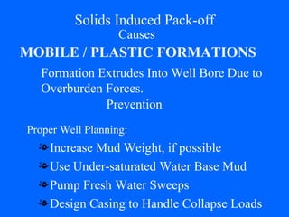 Solids Induced Pack-off Increase Mud Weight, if possible Use Under-saturated Water Base Mud Pump Fresh Water Sweeps Design Casing to Handle Collapse Loads Causes MOBILE / PLASTIC FORMATIONS Formation Extrudes Into Well Bore Due to  Overburden Forces. Prevention Proper Well Planning: 