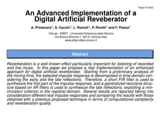 Digital Reverberation An Advanced Implementation of a Digital Artificial Reverberator | PDF