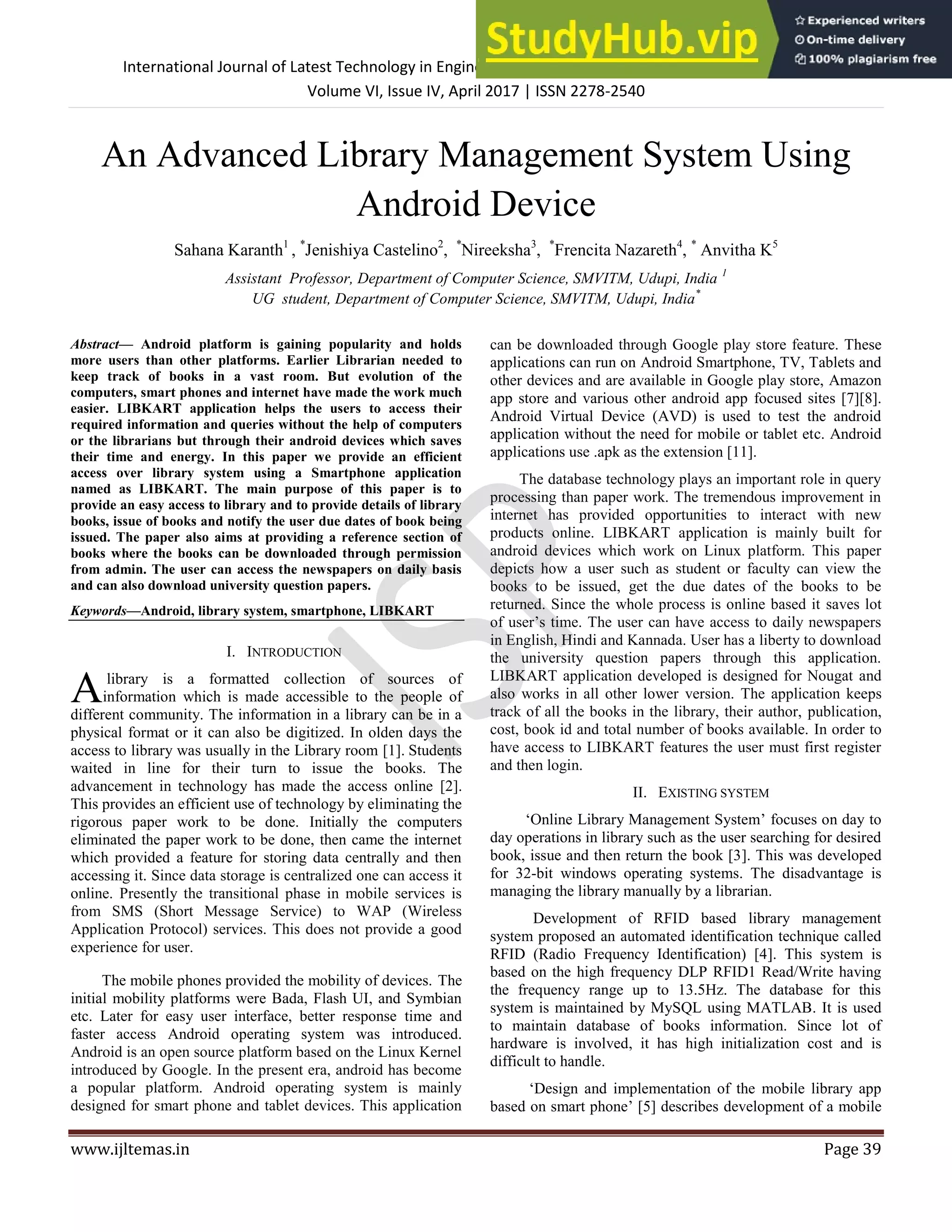 An Advanced Library Management System Using Android Device | PDF