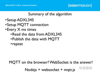 MILAN 20/21.11.2015 - Andrea De Gaetano
MQTT on the browser? WebSocket is the answer!
Nodejs + websocket + mqtt.js
Summary of the algorithm
•Setup ADXL345
•Setup MQTT connection
•Every X ms times
•Read the data from ADXL345
•Publish the data with MQTT
•repeat
 