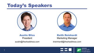 1
Austin Bliss
President
austin@freshaddress.com
Today’s Speakers
Keith Reinhardt
Marketing Manager
kreinhardt@freshaddress.com
 
