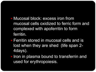  Mucosal block: excess iron from
  mucosal cells oxidized to ferric form and
  complexed with apoferritin to form
  ferritin.
 Ferritin stored in mucosal cells and is
  lost when they are shed (life span 2-
  4days).
 Iron in plasma bound to transferrin and
  used for erythropoiesis.
 
