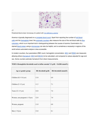Peripheral blood smear microscopy of a patient with iron-deficiency anemia
Anemia is typically diagnosed on a complete blood count. Apart from reporting the number of red blood
cells and the hemoglobin level, the automatic counters also measure the size of the red blood cells by flow
cytometry, which is an important tool in distinguishing between the causes of anemia. Examination of a
stained blood smear using a microscope can also be helpful, and is sometimes a necessity in regions of the
world where automated analysis is less accessible.
In modern counters, four parameters (RBC count, hemoglobin concentration, MCV and RDW) are measured,
allowing others (hematocrit, MCH and MCHC) to be calculated, and compared to values adjusted for age and
sex. Some counters estimate hematocrit from direct measurements.
WHO's Hemoglobin thresholds used to define anemia[5]
(1 g/dL = 0.6206 mmol/L)
Age or gender group Hb threshold (g/dl) Hb threshold (mmol/l)
Children (0.5–5.0 yrs) 11.0 6.8
Children (5–12 yrs) 11.5 7.1
Teens (12–15 yrs) 12.0 7.4
Women, non-pregnant (>15yrs) 12.0 7.4
Women, pregnant 11.0 6.8
Men (>15yrs) 13.0 8.1
 