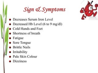 Sign & Symptoms
Decreases Serum Iron Level
Decreased Hb Level (6 to 9 mg/dl)
Cold Hands and Feet
Shortness of breath
Fatigue
Sore Tongue
Brittle Nails
Irritability
Pale Skin Colour
Dizziness
 