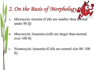 2. On the Basis of Morphology
A. Microcytic Anemia (Cells are smaller than normal
under 80 fl)
B. Macrocytic Anaemia (cells are larger than normal
over 100 fl)
C. Normocytic Anaemia (Cells are normal size 80–100
fl)
 
