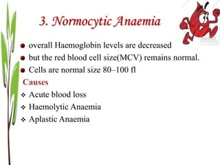 3. Normocytic Anaemia
overall Haemoglobin levels are decreased
but the red blood cell size(MCV) remains normal.
Cells are normal size 80–100 fl
Causes
 Acute blood loss
 Haemolytic Anaemia
 Aplastic Anaemia
 