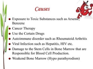 Causes
Exposure to Toxic Substances such as Arsenic,
Benzene
Cancer Therapy
Use the Certain Drugs
Autoimmune disorder such as Rheumatoid Arthritis
Viral Infection such as Hepatitis, HIV etc.
Damage to the Stem Cells in Bone Marrow that are
Responsible for Blood Cell Production.
Weakend Bone Marrow (Hypo parathyrodism)
 