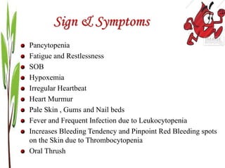 Sign & Symptoms
Pancytopenia
Fatigue and Restlessness
SOB
Hypoxemia
Irregular Heartbeat
Heart Murmur
Pale Skin , Gums and Nail beds
Fever and Frequent Infection due to Leukocytopenia
Increases Bleeding Tendency and Pinpoint Red Bleeding spots
on the Skin due to Thrombocytopenia
Oral Thrush
 