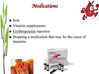 Medications
Iron
Vitamin supplements
Erythropoietin injection
Stopping a medication that may be the cause of
anaemia
 