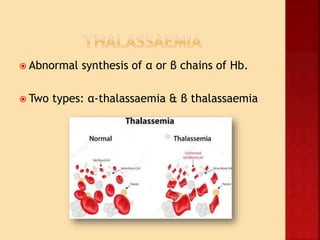  Abnormal synthesis of α or β chains of Hb.
 Two types: α-thalassaemia & β thalassaemia
 