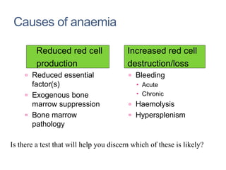 Causes of anaemia
Reduced red cell
production
 Reduced essential
factor(s)
 Exogenous bone
marrow suppression
 Bone marrow
pathology
Increased red cell
destruction/loss
 Bleeding
 Acute
 Chronic
 Haemolysis
 Hypersplenism
Is there a test that will help you discern which of these is likely?
 