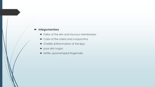  Integumentary
 Pallor of the skin and mucous membranes;
 Color of the sclera and conjunctiva
 Cheilitis (inflammation of the lips);
 poor skin turgor;
 brittle, spoonshaped fingernails;
 