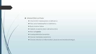  Altered DNA synthesis
 Vitamin B12 malabsorption or deficiency
 Folic acid malabsorption or deficiency
 Bone marrow failure
 Aplastic anaemia (stem cell dysfunction)
 Red cell aplasia
 Myeloproliferative leukemias
 Cancer metastasis, lymphoma
 Chronic infection or inflammation, physical and emotional fatigue
 