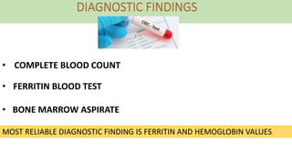 • COMPLETE BLOOD COUNT
MOST RELIABLE DIAGNOSTIC FINDING IS FERRITIN AND HEMOGLOBIN VALUES.
• FERRITIN BLOOD TEST
• BONE MARROW ASPIRATE
 