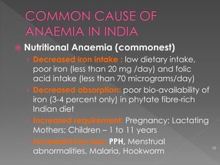  Nutritional Anaemia (commonest)
› Decreased iron intake : low dietary intake,
poor iron (less than 20 mg /day) and folic
acid intake (less than 70 micrograms/day)
› Decreased absorption: poor bio-availability of
iron (3-4 percent only) in phytate fibre-rich
Indian diet
› Increased requirement: Pregnancy; Lactating
Mothers; Children – 1 to 11 years
› Increased iron loss: PPH, Menstrual
abnormalities, Malaria, Hookworm
10
 